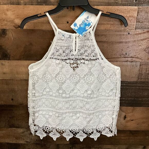 Rebellion Lace Top Button Keyhole Back Closure White Scalloped Hem Large - Picture 8 of 9